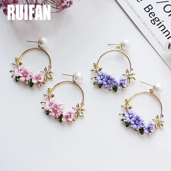 Ruifan Dulce Rotund de Flori Korean Mare Cercei pentru Femei Fete Roz/Violet Cristal Cercei cu Perla Bijuterii de Moda YEA260