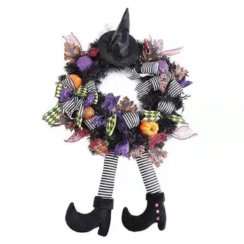 Flori Artificiale Coroană De Flori Agățat Ușă Decor Plastic Halloween Vrăjitoare Pălărie Picior De Dovleac Cununa Petrecere Acasă Decorare Accesorii