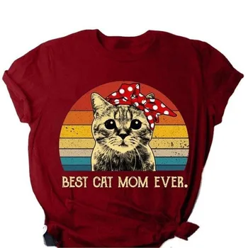 Cel Mai Bun Pisica Mama Imprimare Femei Tricou Manșon Scurt, O Gât Vrac Femei Tricou Doamnelor Moda Tricou Topuri Haine Mujer