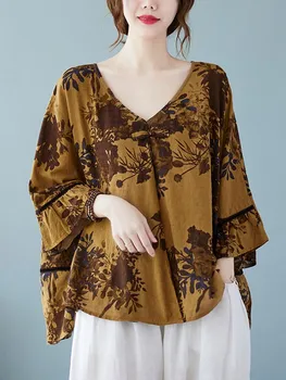 Femei Lenjerie de pat din Bumbac Casual T-shirt New Sosire 2022 Stil Vintage V-neck Floral Print Liber Feminin Topuri Teuri D151