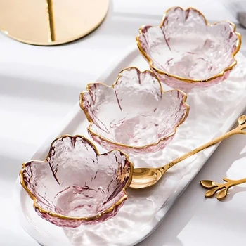 Stil Nordic Încrustate În Aur, Sticlă Castron Sosul De Mini Flori De Cires Japonez Condimente Placa Pentru Inghetata De Fructe Sala De Mic Vas De Sticlă