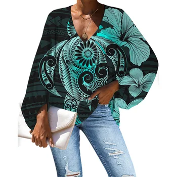 HYCOOL Cadă Casual cu Maneci Lungi Șifon Bluza Polineziene broasca Testoasa de Imprimare Sexy V-Neck Floral Femei Tricouri Personalizate Topuri Femeile