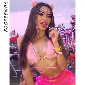 BOOFEENAA Roz și Blană Faux Sexy Bralette Crop Top Rave Festivalul de Căpăstru fara Spate Bandaj Vara Topuri pentru Femei 2020 C94-H01