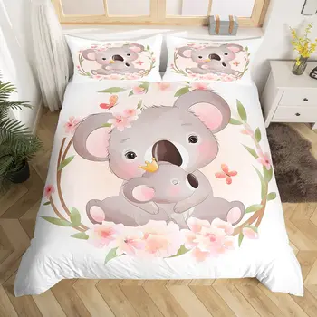 Desene Animate Drăguț Koala Flori Roz Carpetă Acopere Femei, Copii Și Fete Cald Cadouri Decorare Dormitor Tema Animale De Desene Animate Queen-Size