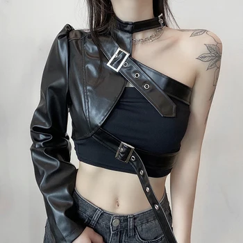 wsevypo Rece PU Negru din Piele Faux Culturilor Topuri Femeile Nasturi de Metal pe Un Umăr Halter Tricou Punk Streetwear Gotic Uza