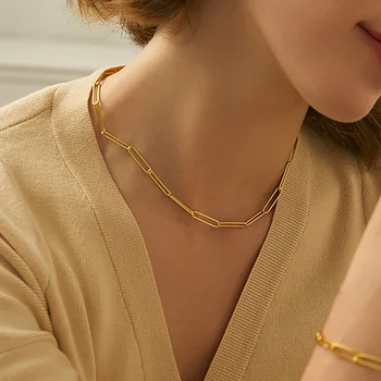 Din Oțel Inoxidabil Hârtie Clip Link-Ul Lanț Colier Pentru Femei Simple Lanțuri Cravată La Gât De Culoare De Aur Bijuterii Pentru Femei C028